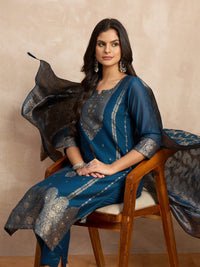 Women’s Teal Blue Embroidered Kurta Pant Set with Jacquard Dupatta