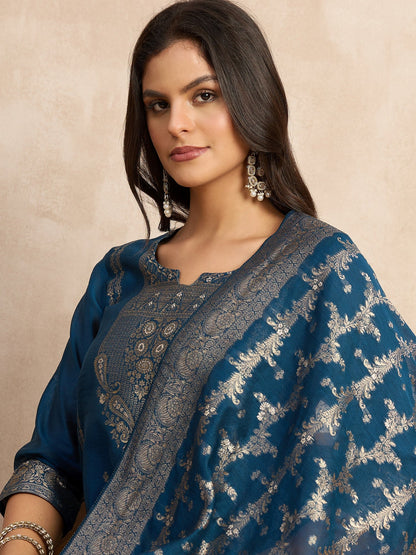 Women’s Teal Blue Embroidered Kurta Pant Set with Jacquard Dupatta