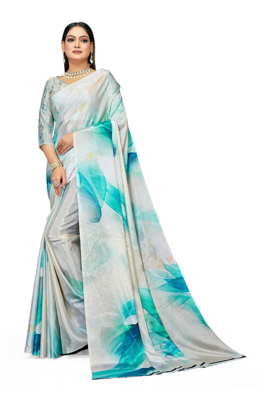 Dual Tone Aqua Blue Digital Print Satin Saree For Women