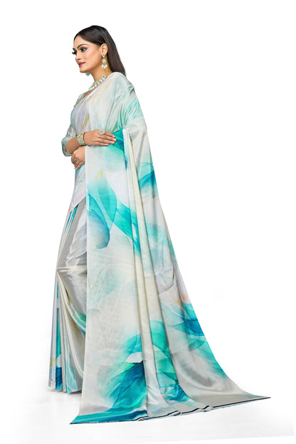 Dual Tone Aqua Blue Digital Print Satin Saree For Women