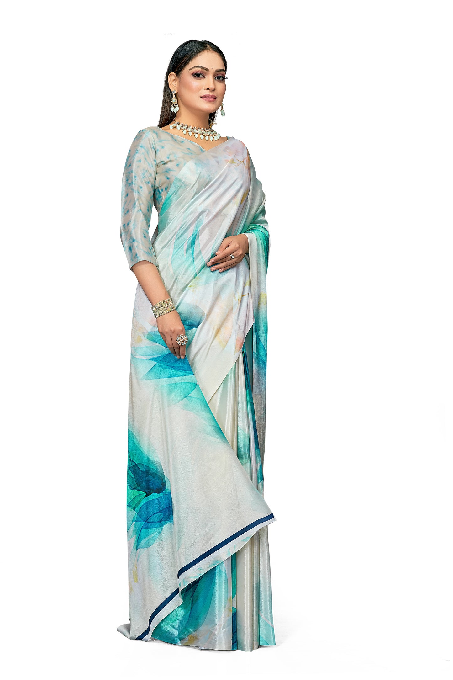 Dual Tone Aqua Blue Digital Print Satin Saree For Women