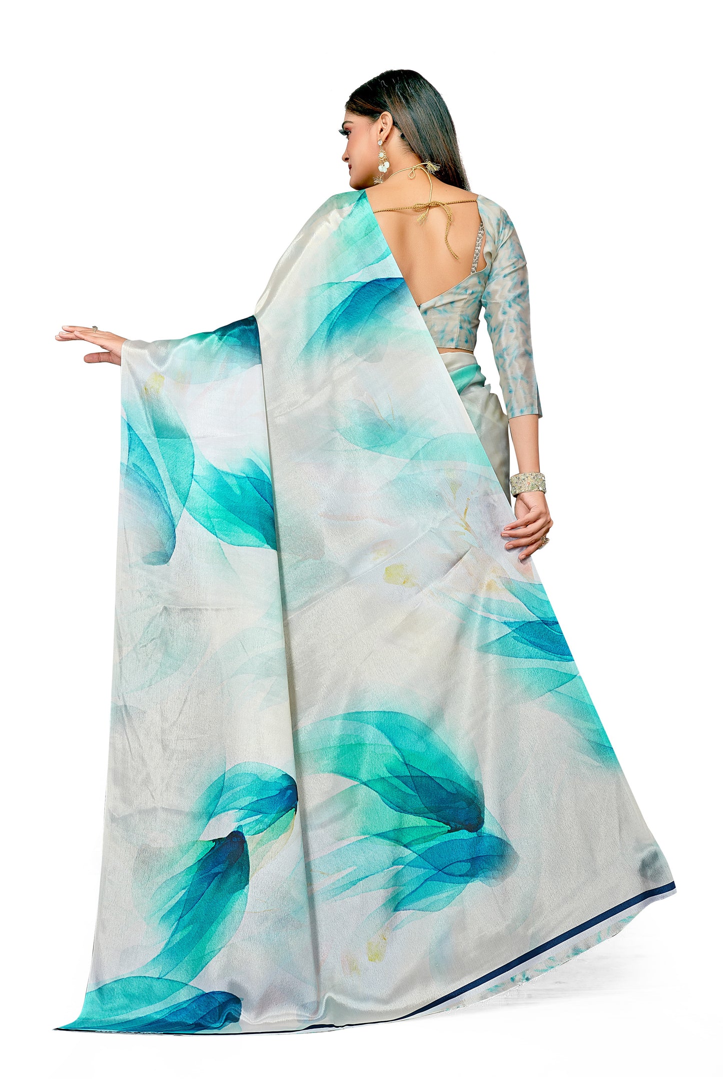 Dual Tone Aqua Blue Digital Print Satin Saree For Women