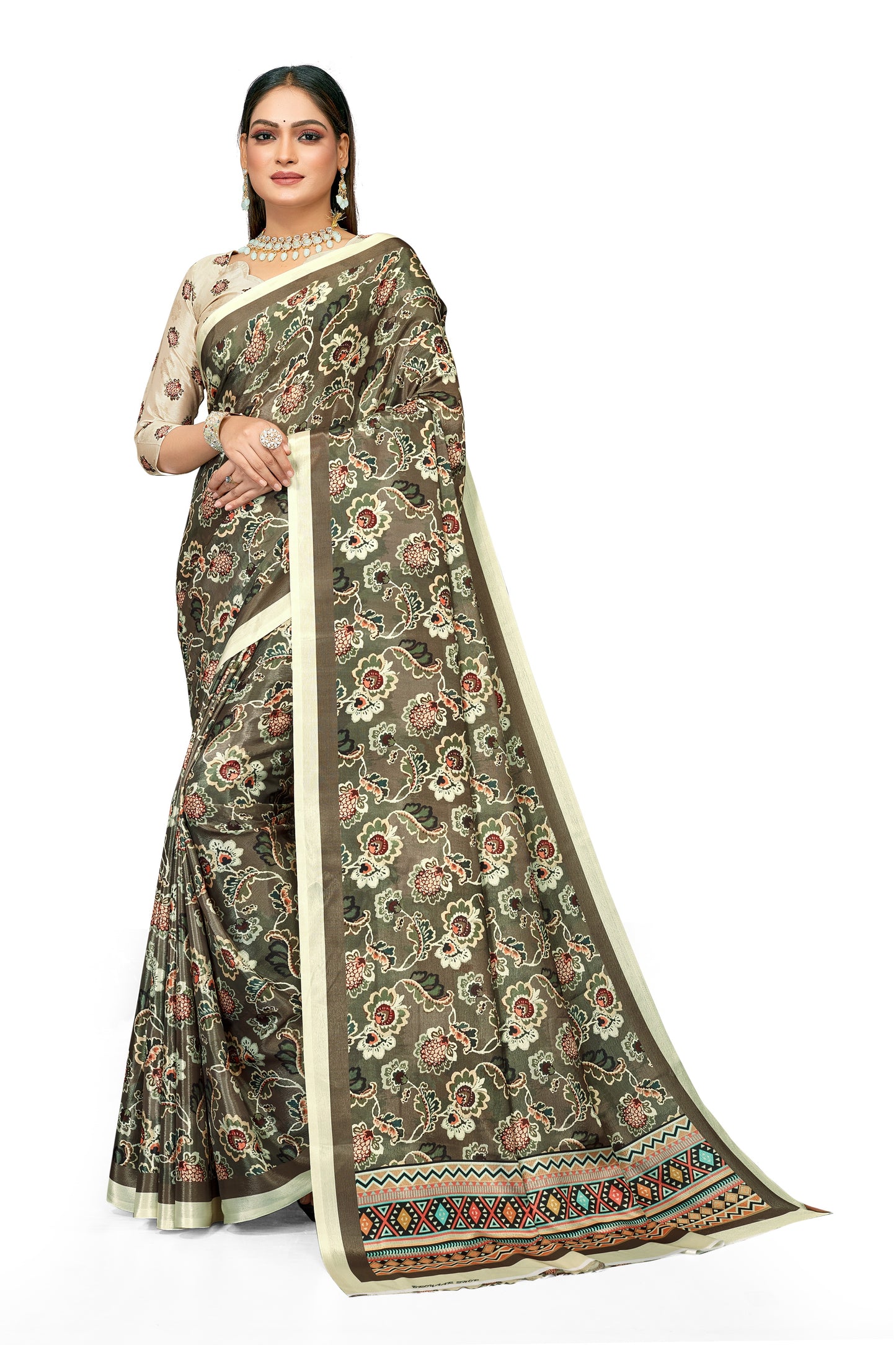 Zig Zag Border Floral Digital Print Satin Saree For Women