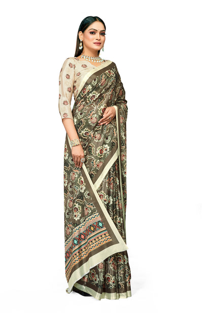 Zig Zag Border Floral Digital Print Satin Saree For Women