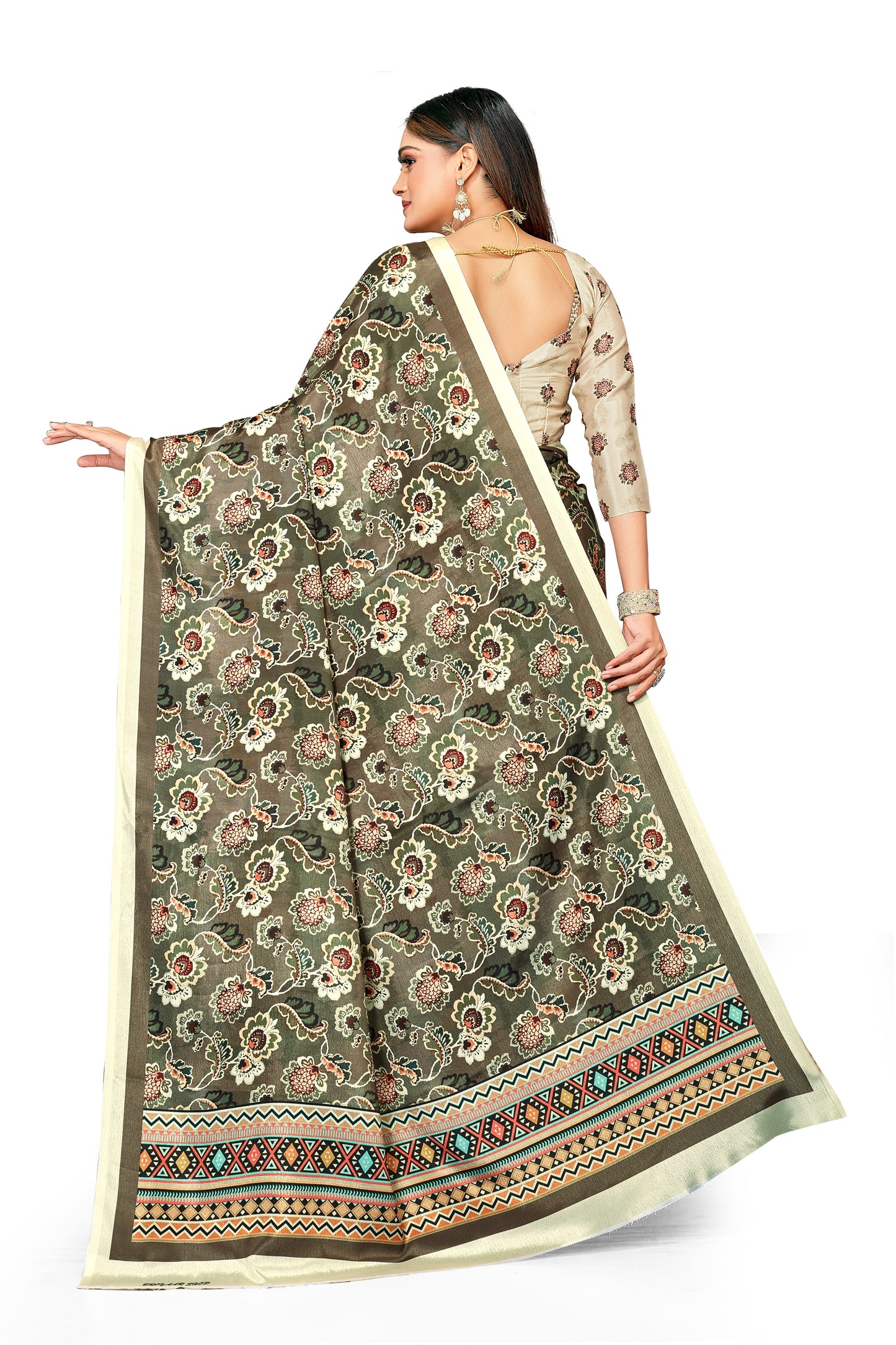 Zig Zag Border Floral Digital Print Satin Saree For Women