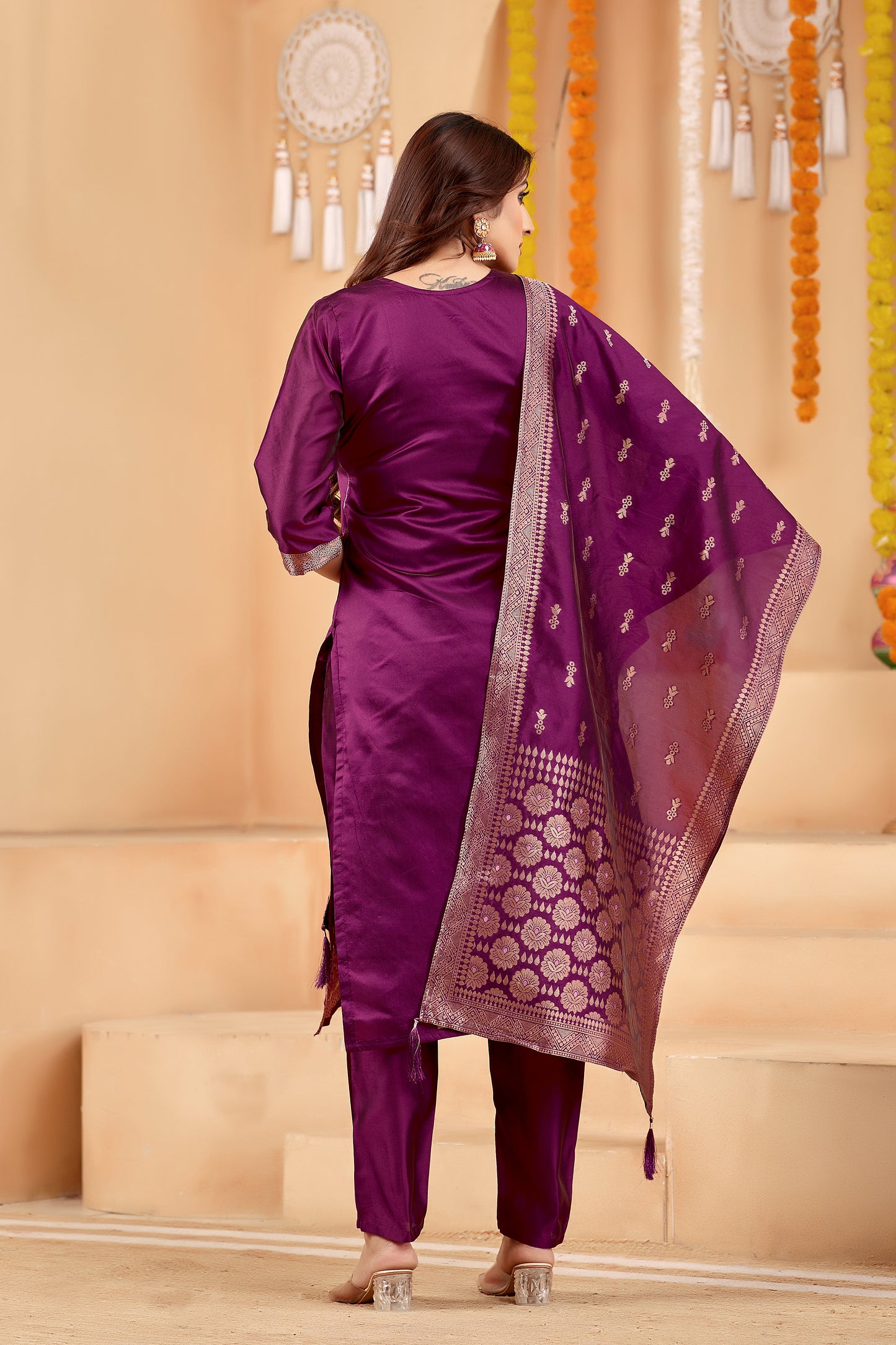 Elegant Wine Jacquard Kurti Pant Dupatta Set for Women | Festive Ethnic Wear