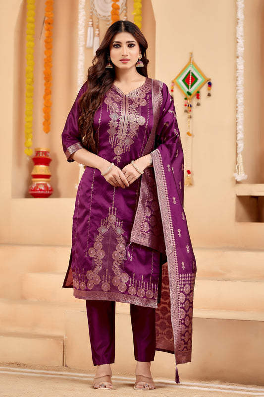 Elegant Wine Jacquard Kurti Pant Dupatta Set for Women | Festive Ethnic Wear