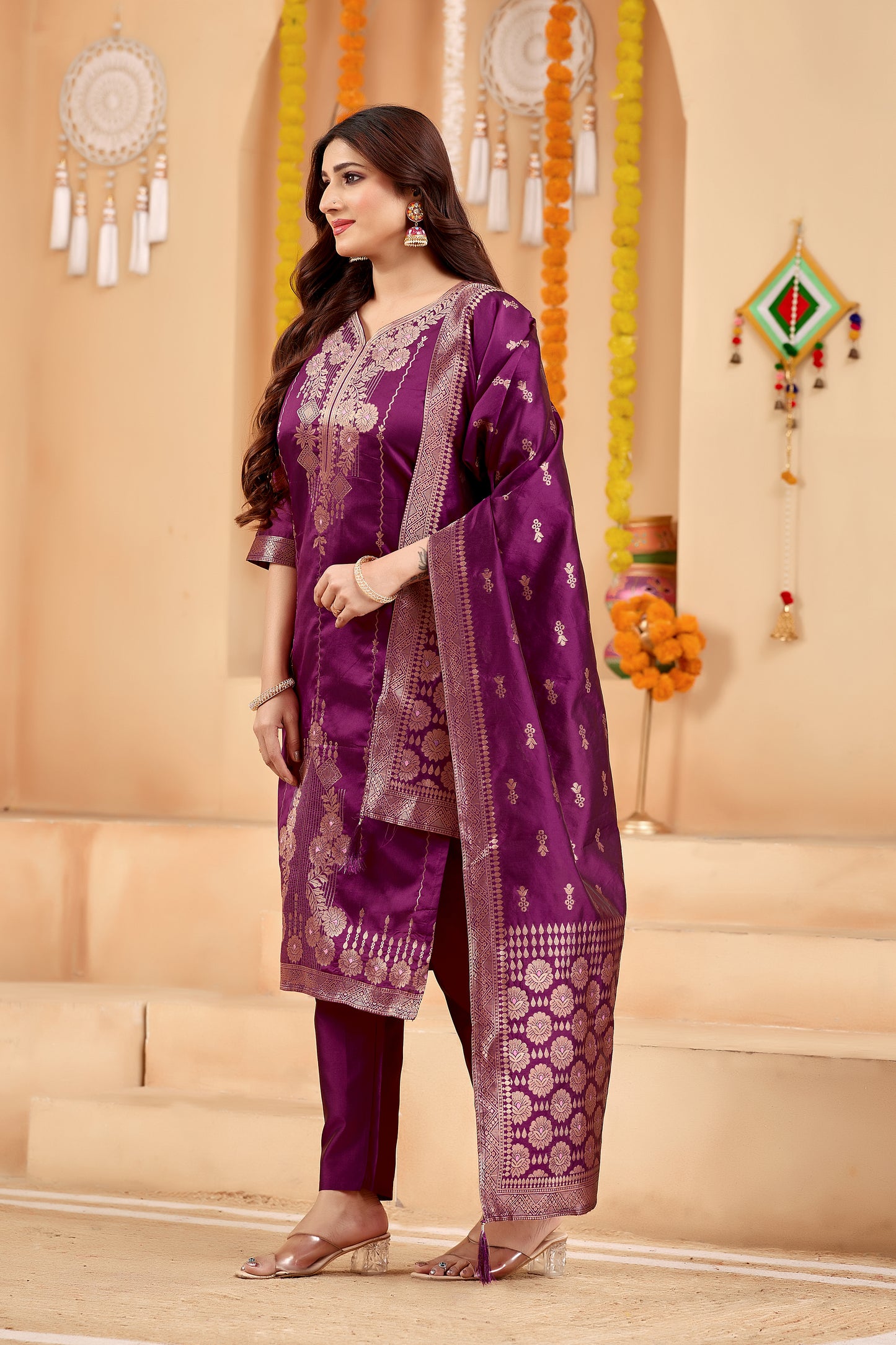 Elegant Wine Jacquard Kurti Pant Dupatta Set for Women | Festive Ethnic Wear