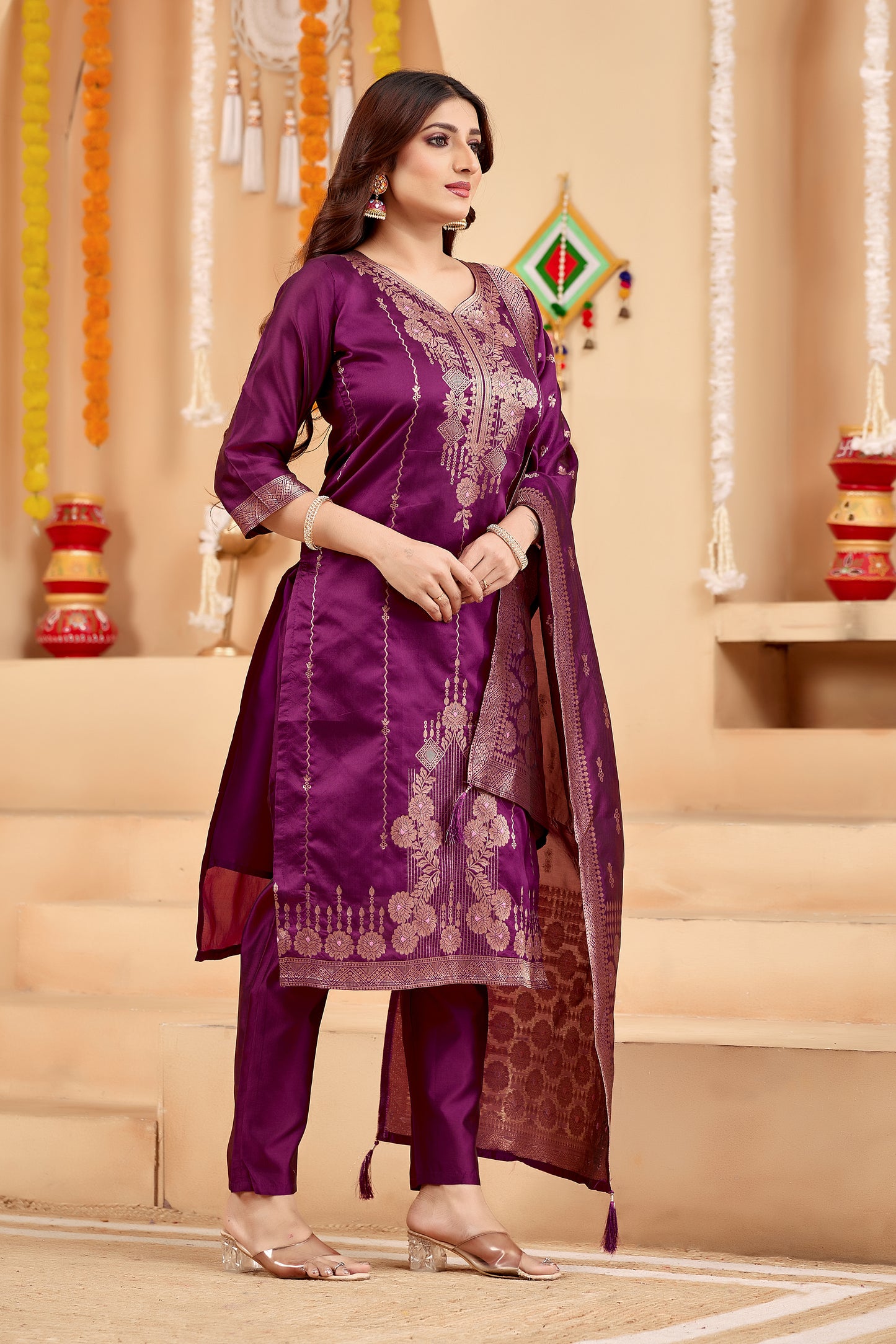 Elegant Wine Jacquard Kurti Pant Dupatta Set for Women | Festive Ethnic Wear