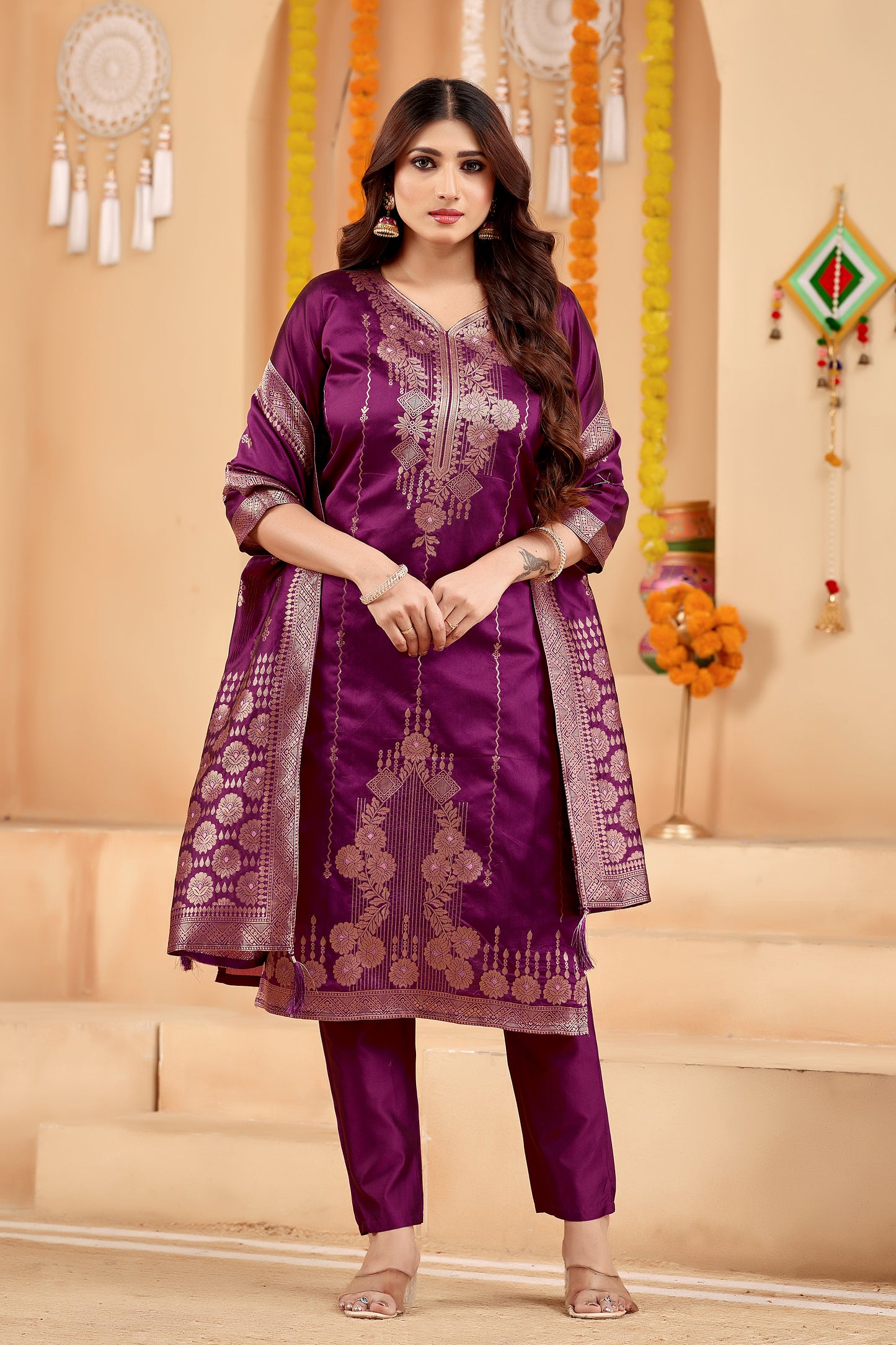 Elegant Wine Jacquard Kurti Pant Dupatta Set for Women | Festive Ethnic Wear