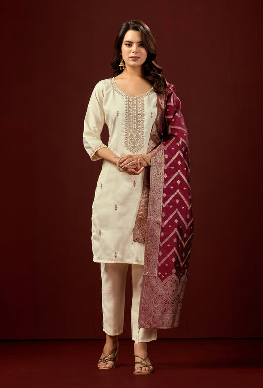 Traditional Embroidered Cream Kurta Set with Pants & Rich Jacquard Dupatta