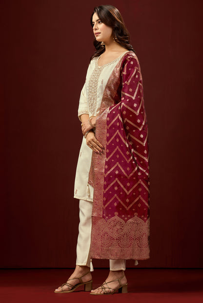 Traditional Embroidered Cream Kurta Set with Pants & Rich Jacquard Dupatta