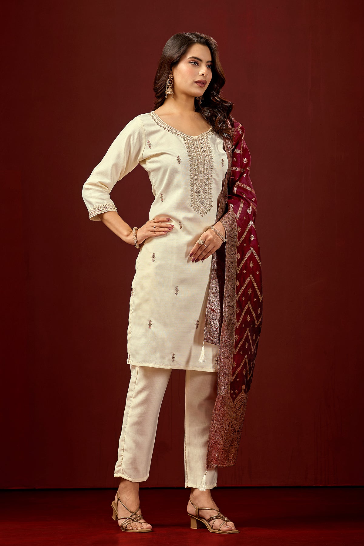 Traditional Embroidered Cream Kurta Set with Pants & Rich Jacquard Dupatta