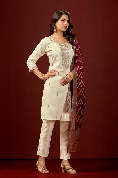 Traditional Embroidered Cream Kurta Set with Pants & Rich Jacquard Dupatta