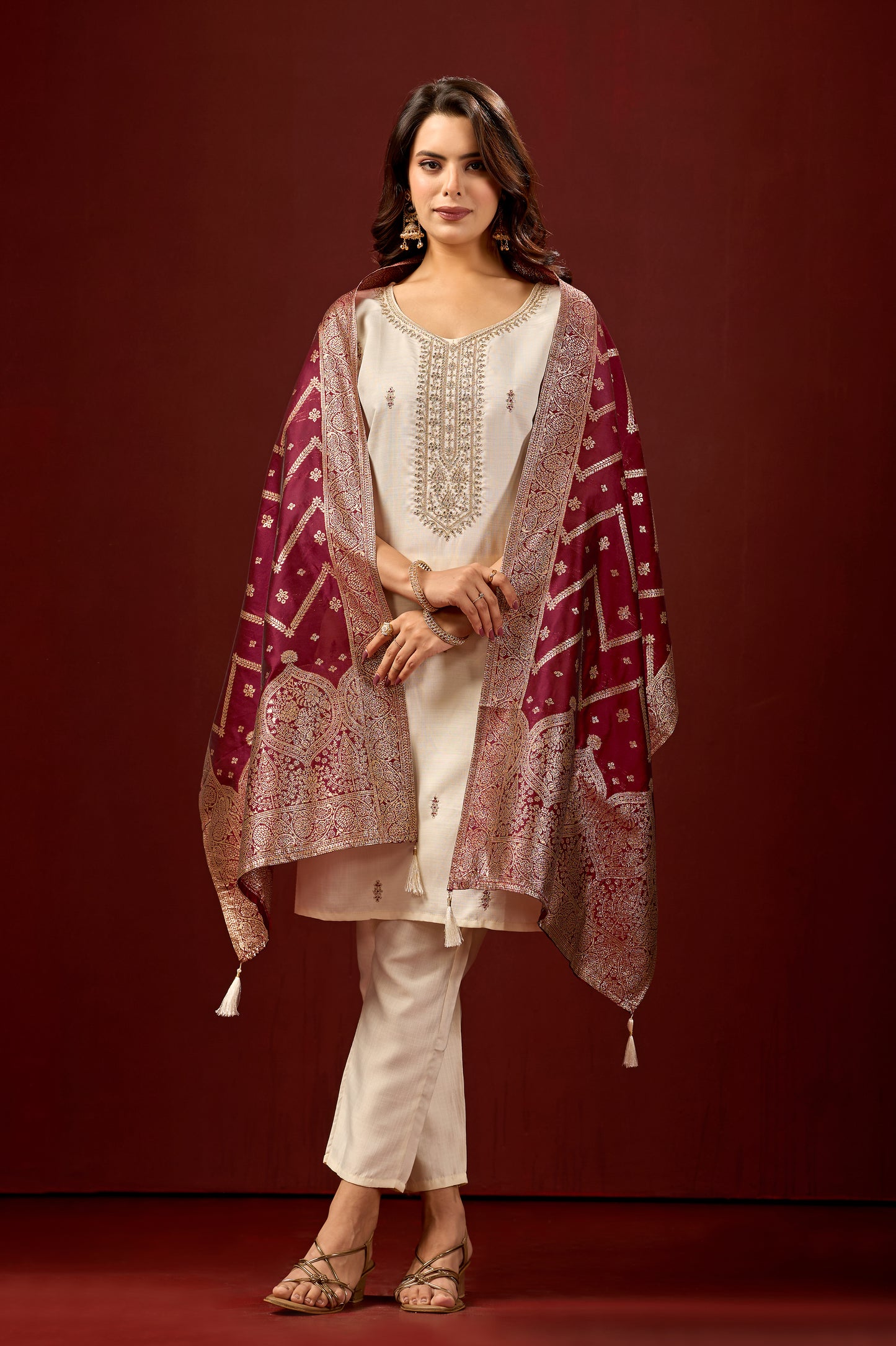 Traditional Embroidered Cream Kurta Set with Pants & Rich Jacquard Dupatta