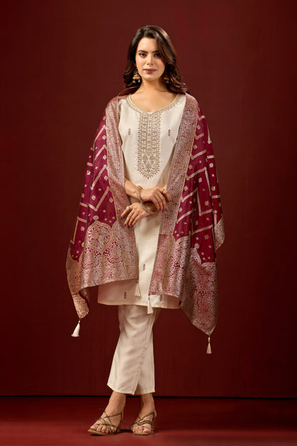 Traditional Embroidered Cream Kurta Set with Pants & Rich Jacquard Dupatta