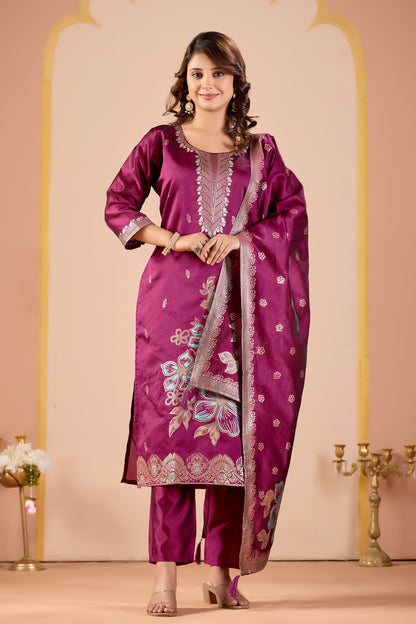 Traditional Women's Wine Straight Kurta Set | Ethnic Suit with Pant & Dupatta