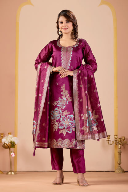 Traditional Women's Wine Straight Kurta Set | Ethnic Suit with Pant & Dupatta