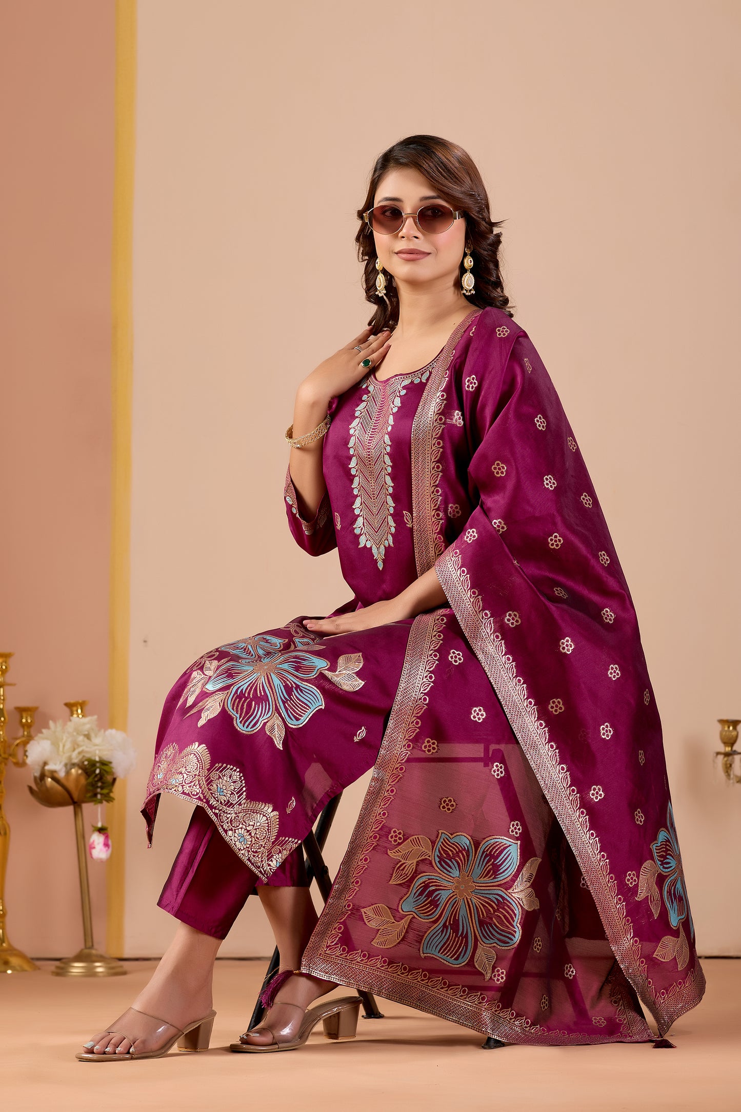 Traditional Women's Wine Straight Kurta Set | Ethnic Suit with Pant & Dupatta