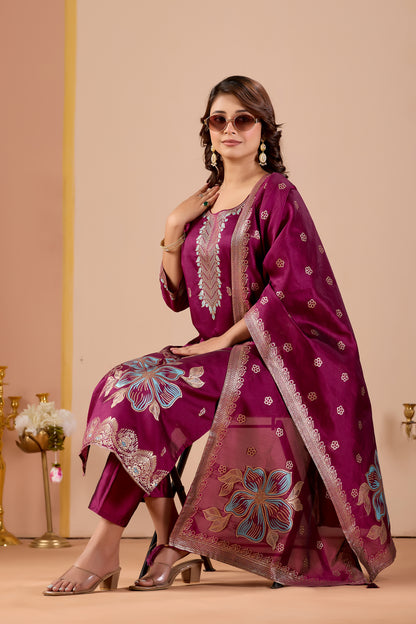 Traditional Women's Wine Straight Kurta Set | Ethnic Suit with Pant & Dupatta