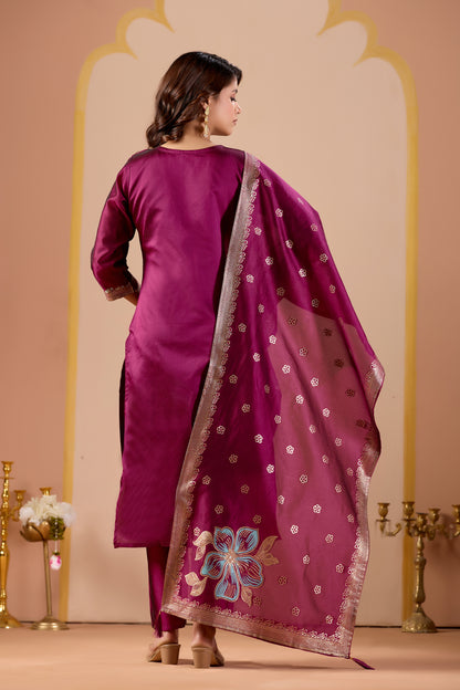 Traditional Women's Wine Straight Kurta Set | Ethnic Suit with Pant & Dupatta