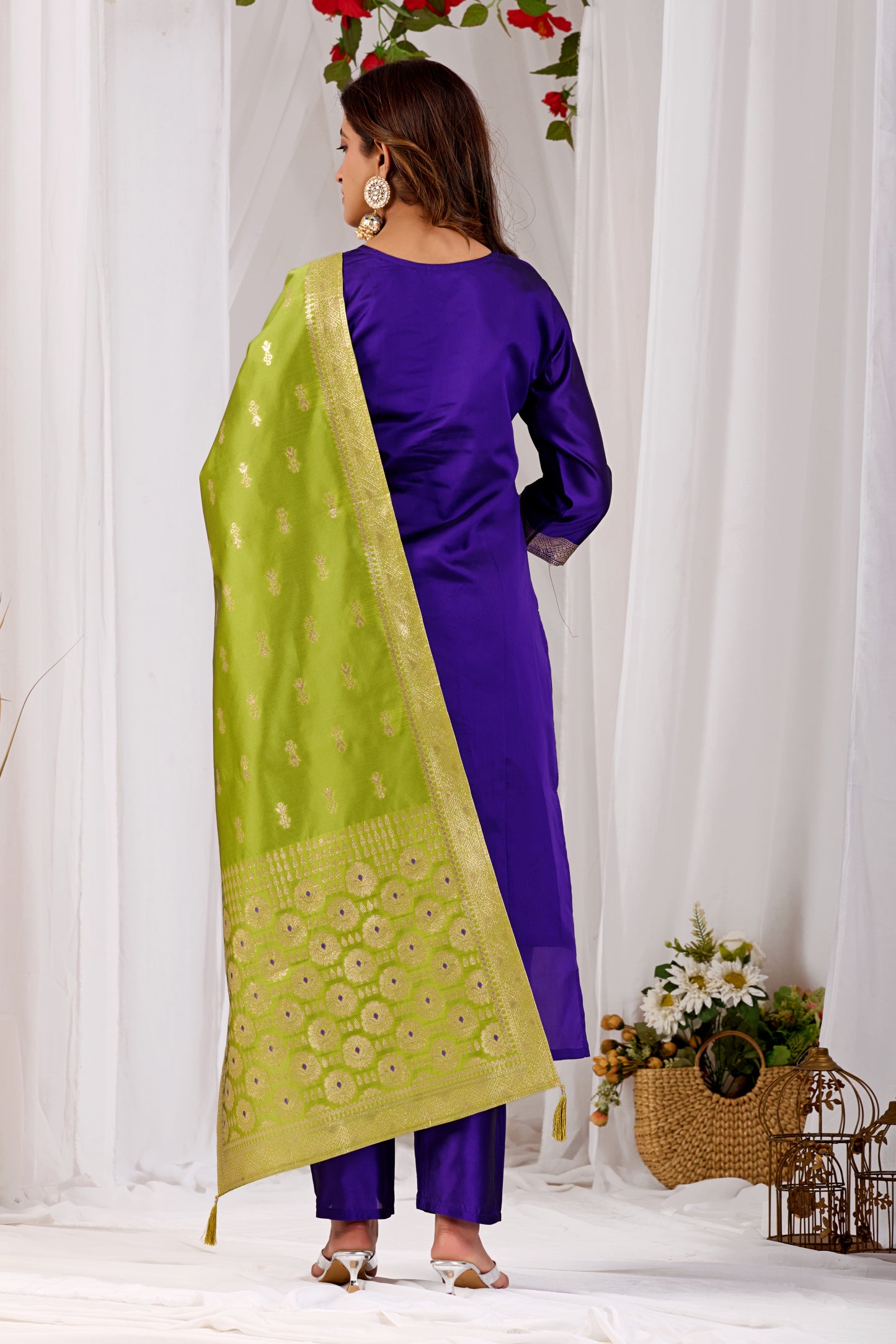 Elegant Purple Silk Kurta Set with Zari Jacquard & Yellow Dupatta | Festive Wear for Women