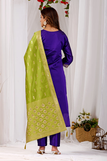 Elegant Purple Silk Kurta Set with Zari Jacquard & Yellow Dupatta | Festive Wear for Women