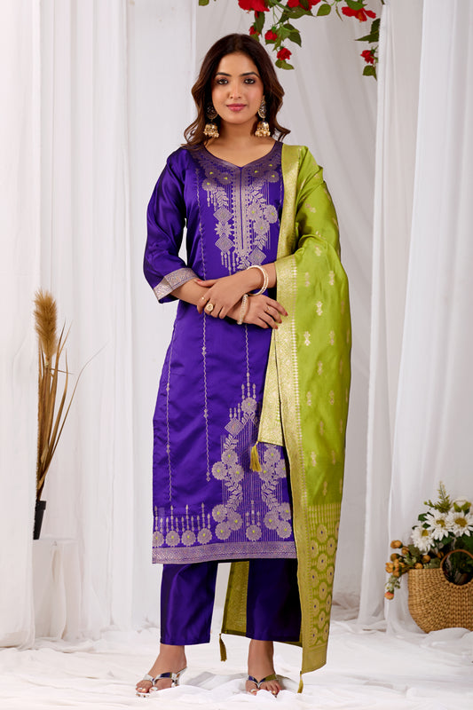 Elegant Purple Silk Kurta Set with Zari Jacquard & Yellow Dupatta | Festive Wear for Women