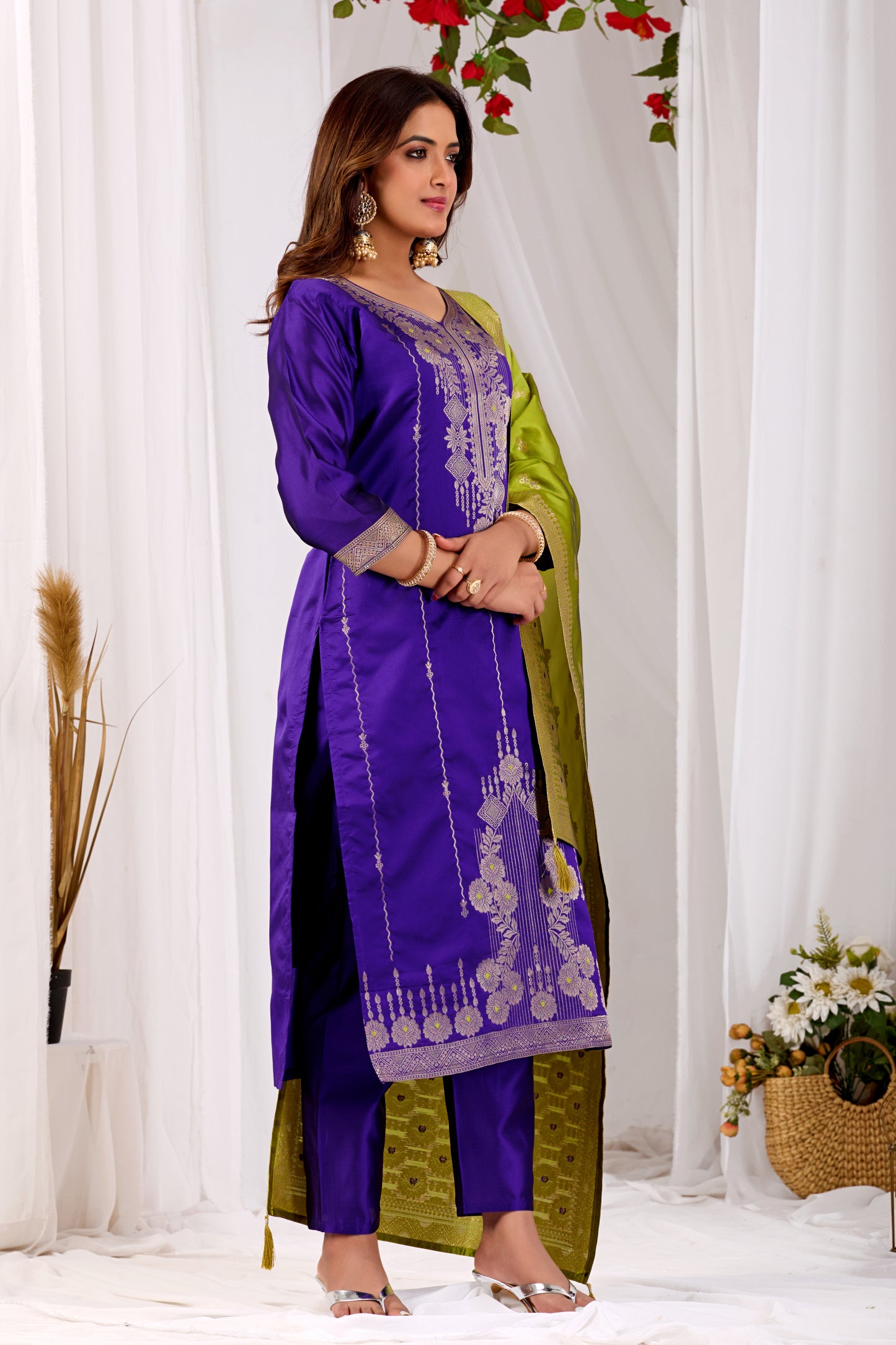 Elegant Purple Silk Kurta Set with Zari Jacquard & Yellow Dupatta | Festive Wear for Women