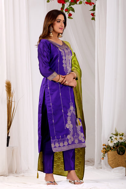 Elegant Purple Silk Kurta Set with Zari Jacquard & Yellow Dupatta | Festive Wear for Women