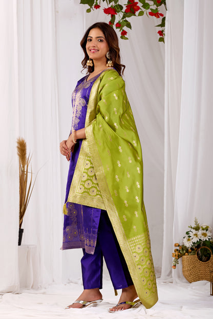 Elegant Purple Silk Kurta Set with Zari Jacquard & Yellow Dupatta | Festive Wear for Women