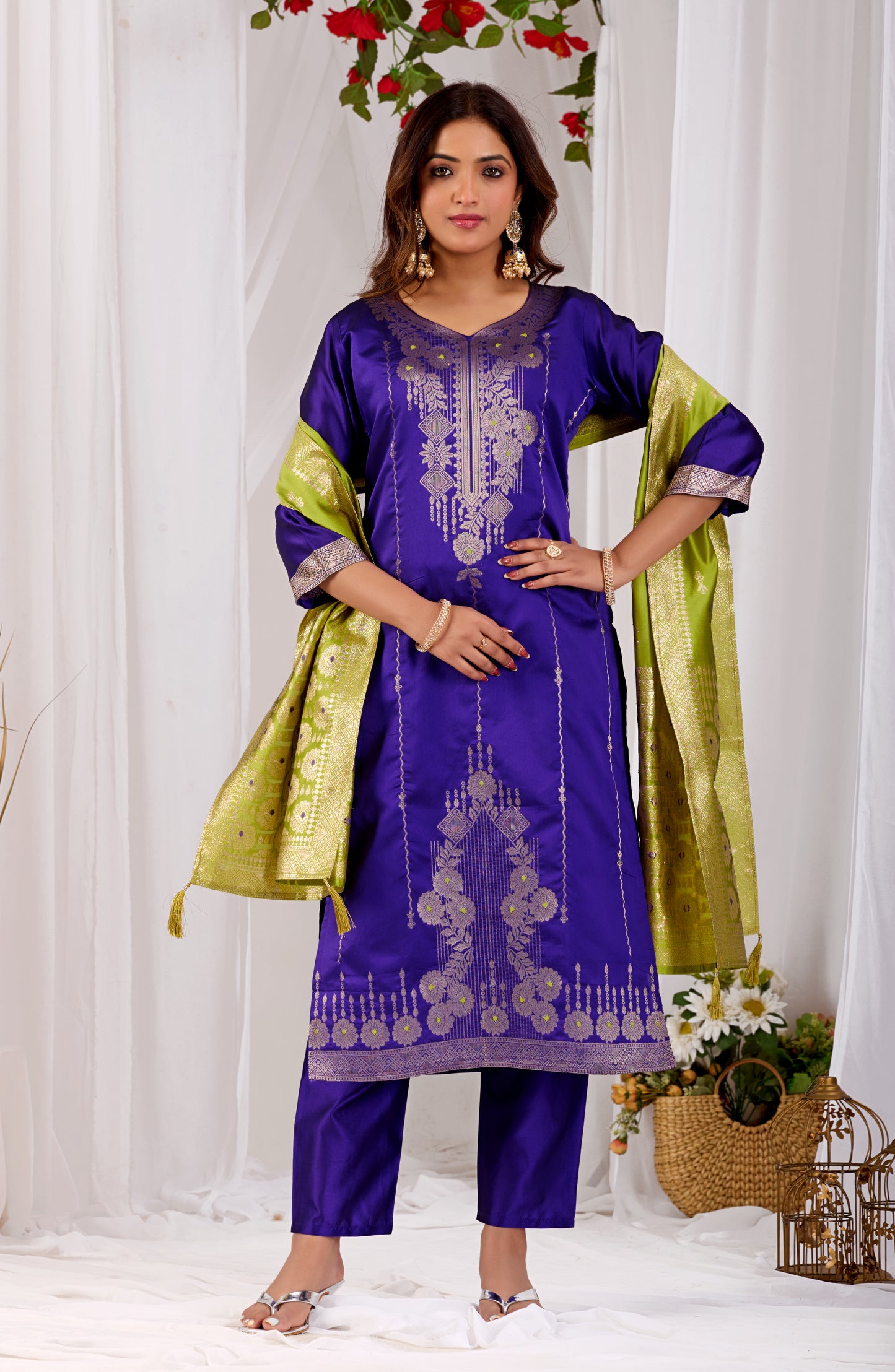Elegant Purple Silk Kurta Set with Zari Jacquard & Yellow Dupatta | Festive Wear for Women