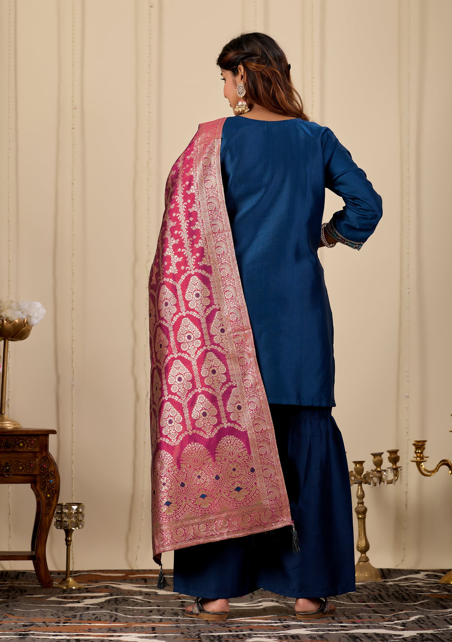 Women's Navy Blue Silk Blend Embroidered Kurta Sharara & Jacquard Dupatta Set | Designer Ethnic Suit Set | Festive, Wedding & Party Wear | 3-Piece Set