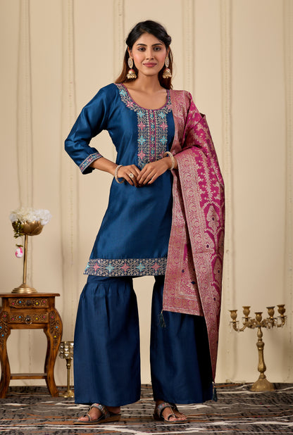 Women's Navy Blue Silk Blend Embroidered Kurta Sharara & Jacquard Dupatta Set | Designer Ethnic Suit Set | Festive, Wedding & Party Wear | 3-Piece Set