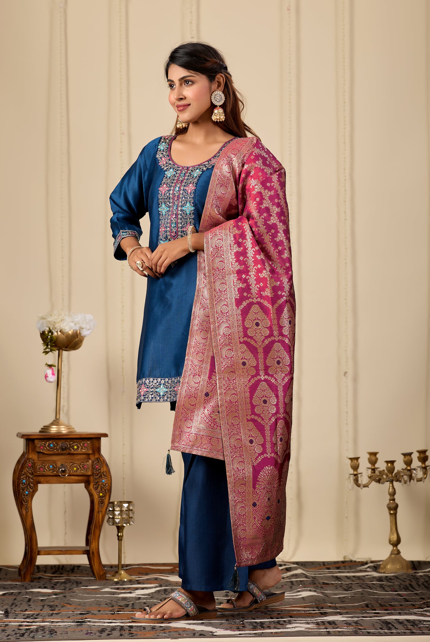 Women's Navy Blue Silk Blend Embroidered Kurta Sharara & Jacquard Dupatta Set | Designer Ethnic Suit Set | Festive, Wedding & Party Wear | 3-Piece Set