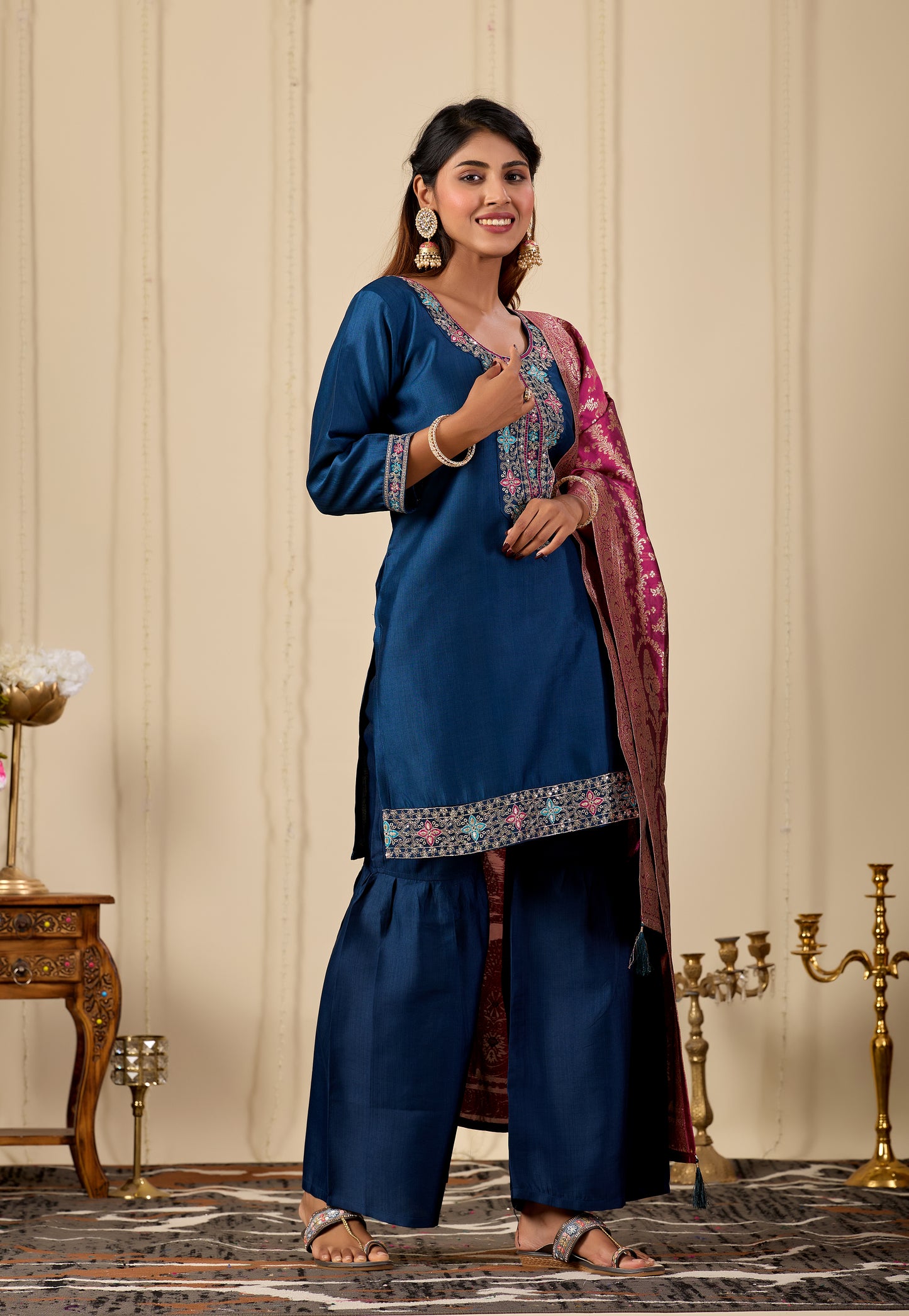 Women's Navy Blue Silk Blend Embroidered Kurta Sharara & Jacquard Dupatta Set | Designer Ethnic Suit Set | Festive, Wedding & Party Wear | 3-Piece Set
