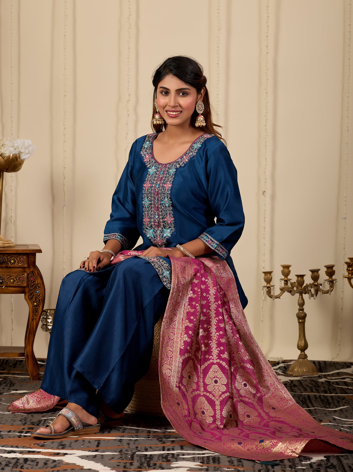 Women's Navy Blue Silk Blend Embroidered Kurta Sharara & Jacquard Dupatta Set | Designer Ethnic Suit Set | Festive, Wedding & Party Wear | 3-Piece Set
