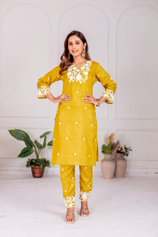 Stylish Yellow Floral Embroidered Kurta Pant Set