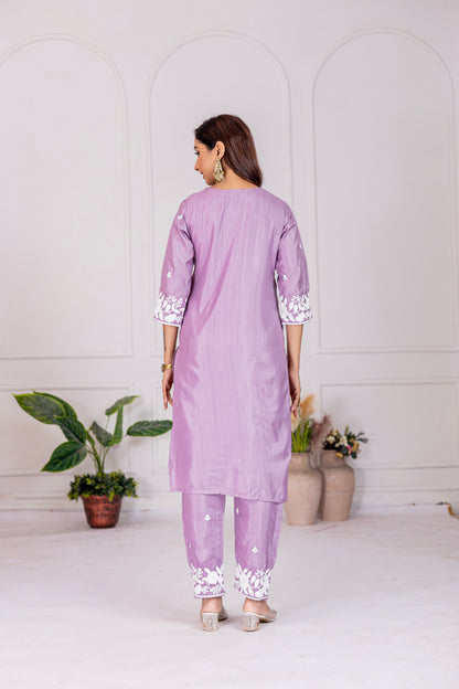 Stylish Lavender Floral Embroidered Kurta Pant Set