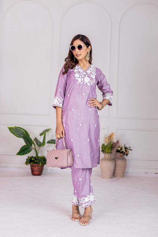 Stylish Lavender Floral Embroidered Kurta Pant Set