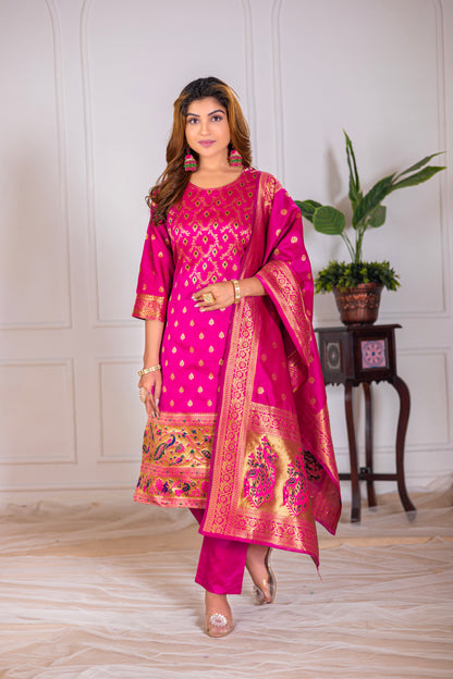 Rani Paithani Silk Jacquard Kurta Set with Dupatta