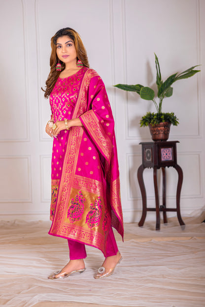 Rani Paithani Silk Jacquard Kurta Set with Dupatta