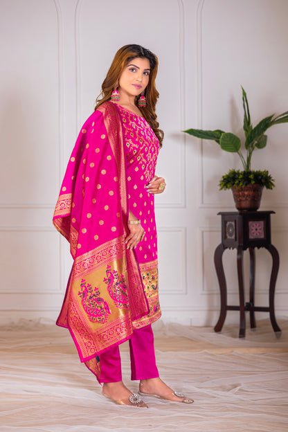 Rani Paithani Silk Jacquard Kurta Set with Dupatta