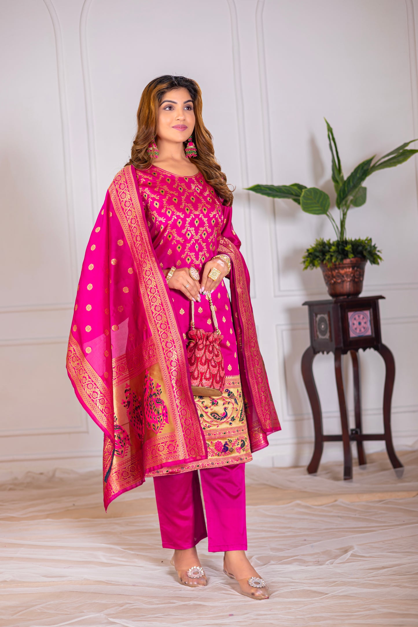 Rani Paithani Silk Jacquard Kurta Set with Dupatta