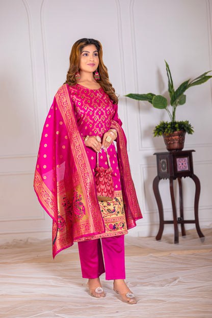Rani Paithani Silk Jacquard Kurta Set with Dupatta