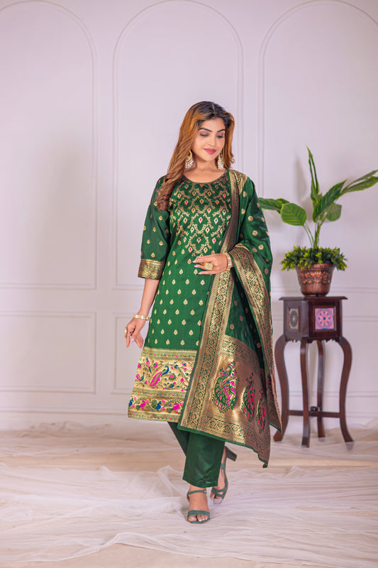 Green Paithani Silk Jacquard Kurta Set with Dupatta
