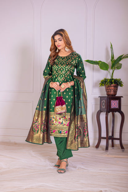 Green Paithani Silk Jacquard Kurta Set with Dupatta