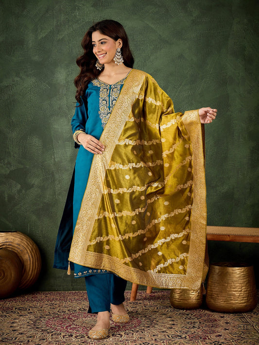 Stylish Teal Straight Kurta with Banarasi Dupatta