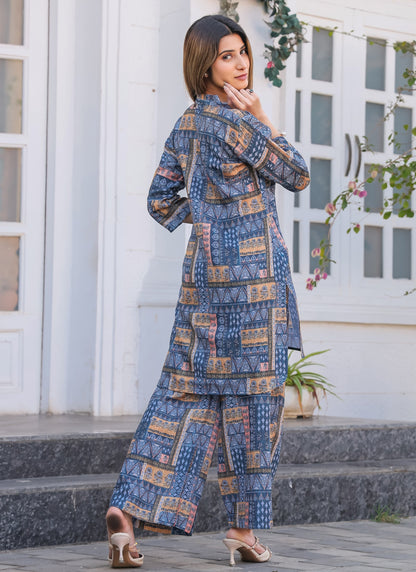 Stylish Blue Ethnic Printed Co-ord Set