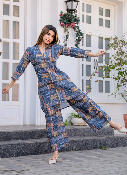 Stylish Blue Ethnic Printed Co-ord Set